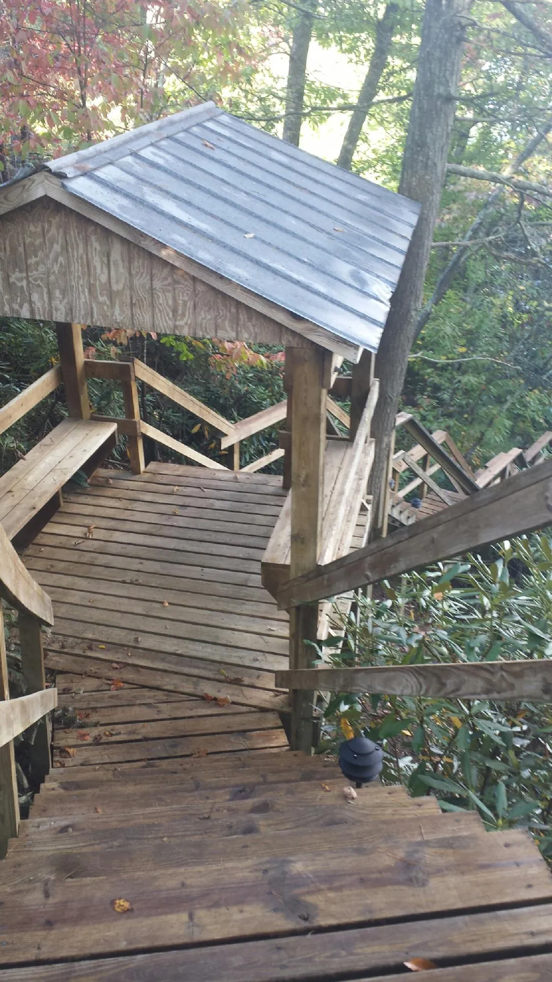 Metal roofed shelter over wooden steps on a wooded walkway — Skylight Repair & Installation work by our crew in Arkadelphia